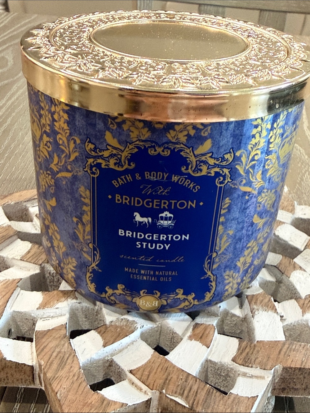 BBW Bridgerton Study 3-Wick Candle -Blue & Gold BRAND NEW RETIRED